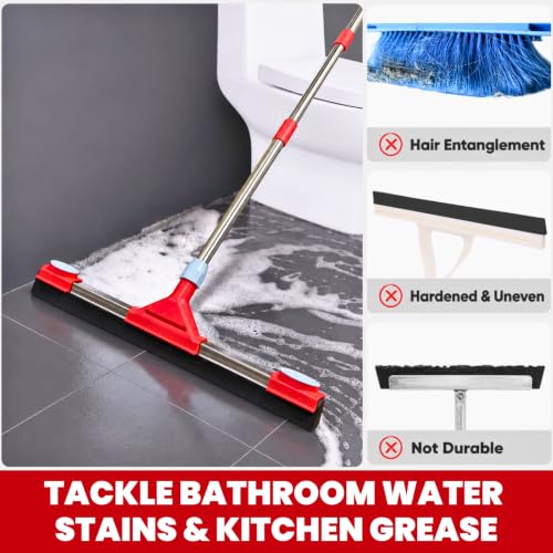 Floor Squeegee Scrubber with Extendable 62" Long Handle | 17.3" EVA Foam Blade, Reinforced Steel Frame for Garage, Concrete, Tile, Patio, Pool, Shower & Uneven Surface Cleaning