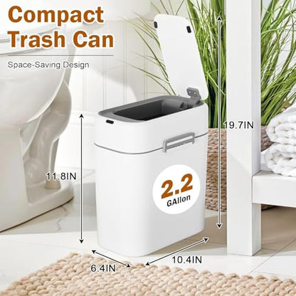 Bathroom Trash Can with Lid, Small Touchless Garbage bin, Automatic Motion Sensor Waste bin, Waterproof 2.2 Gallon Slim Trash Can for Home,(2 Set) - color: White (2 Set)
