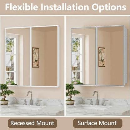 26 x 32 Inch Bathroom Medicine Cabinet with Double Mirror Doors, Recessed or Surface Mount Wall Cabinet for Bathroom, Plastic Frame & Removable Glass Shelves - style: CS5003A-3226