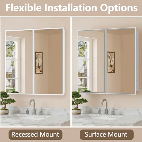 26 x 32 Inch Bathroom Medicine Cabinet with Double Mirror Doors, Recessed or Surface Mount Wall Cabinet for Bathroom, Plastic Frame & Removable Glass Shelves - style: CS5003A-3226