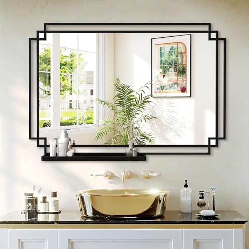Black Bathroom Mirror with Shelf, 36" x 24" Mirror Wall Decor with Modern Art Rectangular Metal Frame for Living Room, Bedroom, Dining Room, Entryway - color: Black, size: 36"L x 24"W