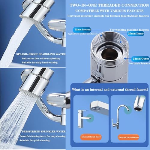 Universal Sink Faucet 1440° Rotatable Faucet Aerator Extension, U Shaped Faucet Extender, 360° Rotating Faucet Extender for Bathroom Sink/Kitchen, Sink Faucet Extender, 2 Modes Adjustable (2*Silver) - color: 2*Silver