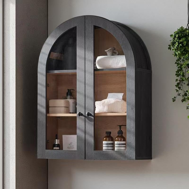 Bathroom Arched Wall Cabinet, 23.5'' Wide Medicine Cabinet, Wall Mount with Glass Doors & Adjustable Shelves, Over the Toilet Storage Cabinet for Laundry Room, Bedroom, Kitchen, Grey Black - color: Grey Black