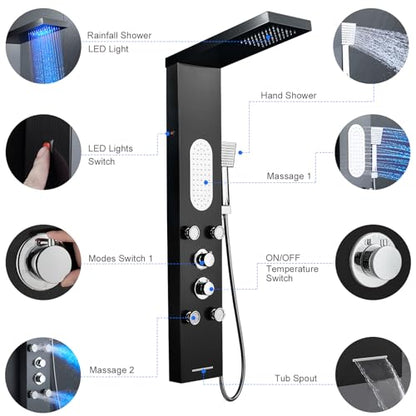 5-in-1 LED Shower Panel Tower System Stainless Steel Black | LED rain head | 4 massage jets | Body waterfall spray | Handheld shower | Tub spout | Wall mount - color: Black