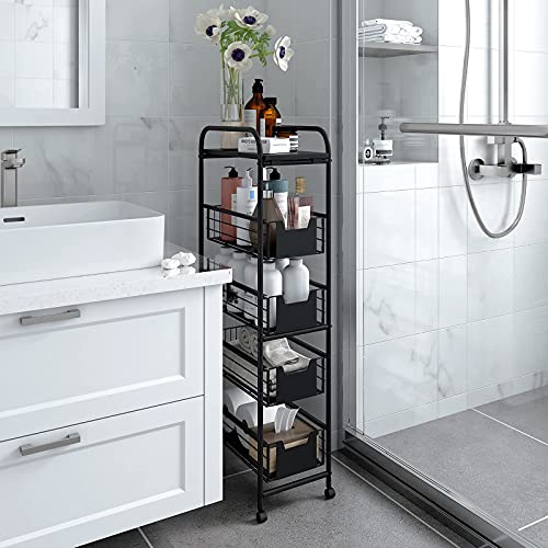 WHIFEA 5 Tier Slim Rolling Cart with Pull-Out Drawers, Multi-Layer Narrow Storage Shelf Organizer on Wheels, Metal Wire Baskets for Fruit, Dishes, Freestanding Unit for Kitchen, Bathroom, Home Office
