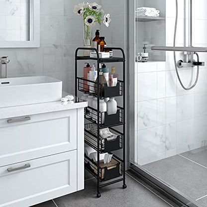 WHIFEA 5 Tier Slim Rolling Cart with Pull-Out Drawers, Multi-Layer Narrow Storage Shelf Organizer on Wheels, Metal Wire Baskets for Fruit, Dishes, Freestanding Unit for Kitchen, Bathroom, Home Office