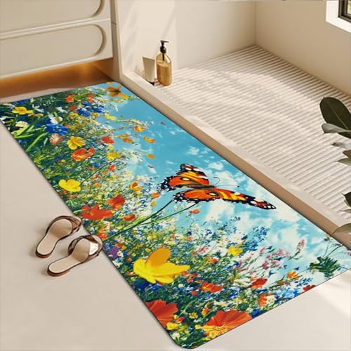 Bathroom Runner Mat Rugs Long,Cat Flower Garden Butterflies 3d beautiful Diatomite Stone Bath Mat Large Absorbent Diatomaceous Earth Mat Non Slip Fast Dry Shower Mat Bathroom Rugs Floor Mat 16x42in - color: Design19