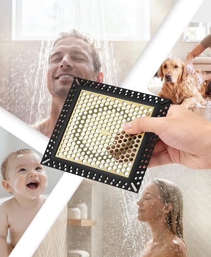 Square Shower Drain Hair Catcher, Anti-Clogging, 4 inch | 304 Stainless Steel and TPE Material/ Not Moving / Easy Clean / Fast Drainage / Fits Bathroom Hair Catcher for Shower - color: Matte Black & Brushed Gold, size: 4 inch