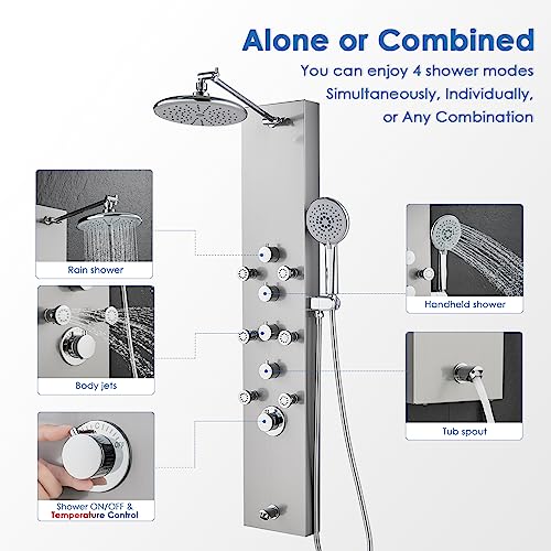ROVOGO Shower Panel Tower System - Use 4 Shower Modes at the Same Time | Rain Shower Head, Handheld, 6 Body Jets and Tub Spout, Height Adjustable Shower Arm, Stainless Steel Shower Column, Brushed - color: Brushed-Adjustable Rain Head