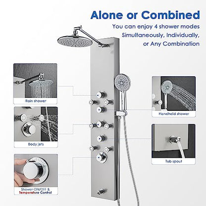 ROVOGO Shower Panel Tower System - Use 4 Shower Modes at the Same Time | Rain Shower Head, Handheld, 6 Body Jets and Tub Spout, Height Adjustable Shower Arm, Stainless Steel Shower Column, Brushed - color: Brushed-Adjustable Rain Head