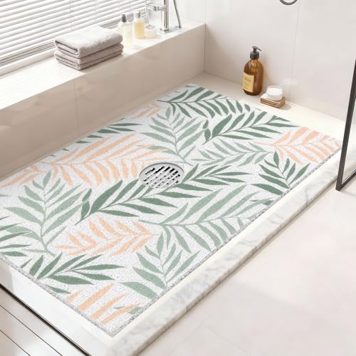 Non Slip Shower Mat: 32x24 Inch Extra Large Shower Mats for Inside Shower with Drain Hole in Middle - Soft PVC Loofah Anti Slip Shower Floor Mat for Standing and Walk-in Shower, Quick Drying - color: Leaf, size: 24" x 32" (Rectangular)