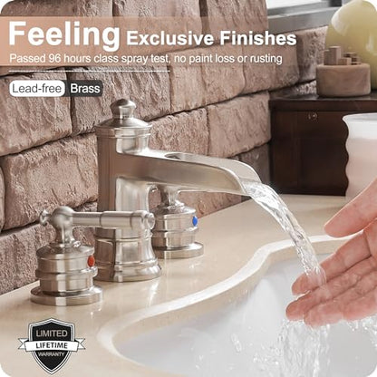 4-16 Inch Widespread Bathroom Faucet Brushed Nickel, Brass Waterfall Faucet for Bathroom Sink, 2 Handles with cUPC Water Hoses & Pop-Up Drain, 10 Mins Easy Installation, Saving Water, Modern - color: Brushed Nickel - Modern
