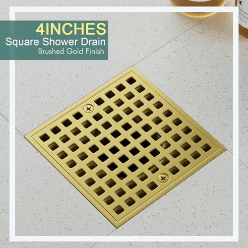 4 Inch Square Shower Floor Drain with Flange and Hair Strainer | SUS304 Stainless Steel, Anti-Clog, Brushed Gold Shower Drain with Hair Catcher, Removable Grid Drain Cover, For Bathroom - color: Brushed Gold