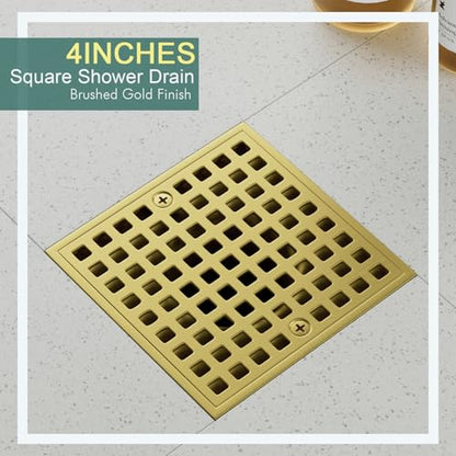 4 Inch Square Shower Floor Drain with Flange and Hair Strainer | SUS304 Stainless Steel, Anti-Clog, Brushed Gold Shower Drain with Hair Catcher, Removable Grid Drain Cover, For Bathroom - color: Brushed Gold