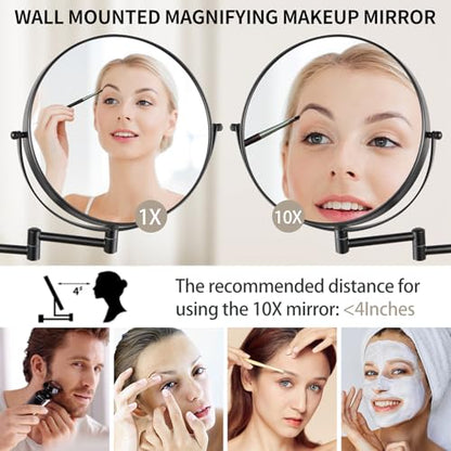 9 Inch Wall Mounted Makeup Vanity Mirror - Double Sided 1X/10X Magnifying Bathroom Mirror,360° Swivel Extendable Bathroom Mirror for Shaving (Black)