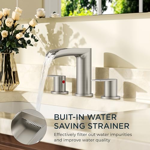 FORIOUS Bathroom Faucet 3 Hole Widespread Sink 8 Inch Brushed Nickel | 3-hole 6-12 Inch Widespread Sink, Waterfall Faucets, with Drain and Hoses,for Vanity Rv Commercial Lavatory Restroom Basin - color: Stainless Steel