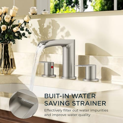 FORIOUS Bathroom Faucet 3 Hole Widespread Sink 8 Inch Brushed Nickel | 3-hole 6-12 Inch Widespread Sink, Waterfall Faucets, with Drain and Hoses,for Vanity Rv Commercial Lavatory Restroom Basin - color: Stainless Steel