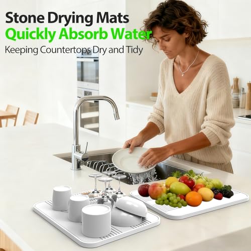 2 PCS Stone Dish Drying Mat ＆ Silicone Mat for Kitchen Counter – Diatomaceous Earth Bath Mat for Bathroom, 16.14"L×12.4"W×2 Quick Dry Mats for Dishes ,Bottles, Cups, Match Any Countertop(White) - color: White