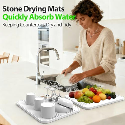2 PCS Stone Dish Drying Mat ＆ Silicone Mat for Kitchen Counter – Diatomaceous Earth Bath Mat for Bathroom, 16.14"L×12.4"W×2 Quick Dry Mats for Dishes ,Bottles, Cups, Match Any Countertop(White) - color: White