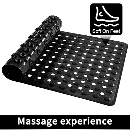 Yimobra Bathtub Shower Mat, Long Non Slip Bath Mats for Tub with Drain Hole and Suction Cups, Soft on Feet, Machine Washable, Easy Dry, 34.5 x 15.5 Inch, Black