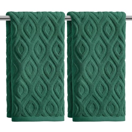 Artoid Mode 2 Pcs Dark Green 3D Diamond Grid Jacquard Hand Towels for Bathroom, 100% Cotton Soft Absorbent Bathroom Decor Towels, 13.7 x 29.5 Inch - color: Dark Green, size: 13.7" x 29.5", 2PCS