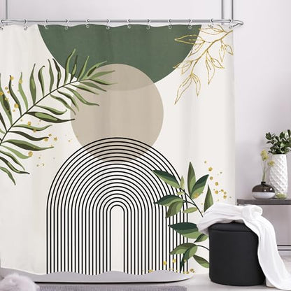 Green Boho Mid Century Shower Curtain 72Wx72H Abstract Gold Leaves Grey Modern Sun Arch Minimalist Geometric Aesthetic Plant Bathroom Decor Neutral Bath Curtain Polyester 12 Pack Hooks | 72Wx72H Olive Green Mid Century Modern Mint Green Waterproof Polyest