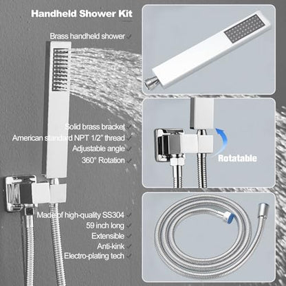 Shower Faucet Set with Body Jets 10 Inch Polished Chrome Shower Head Handheld Shower Combo Set High Pressure Wall Mount with Rough-in Valve, Polished Chrome - color: Polished Chrome, style: 10"- 3 Function