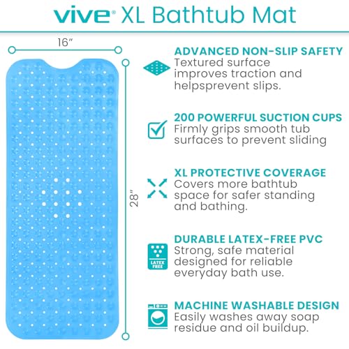 Vive Bathtub Mat for Bath & Shower Floors - Anti Non Slip Suction Rubber | Skid Pad for Tub, Bathroom, Elderly, Kids - Eco-Friendly, Resistant Strong, Textured Rectangle Grip - Machine Washable (Blue) - color: Blue