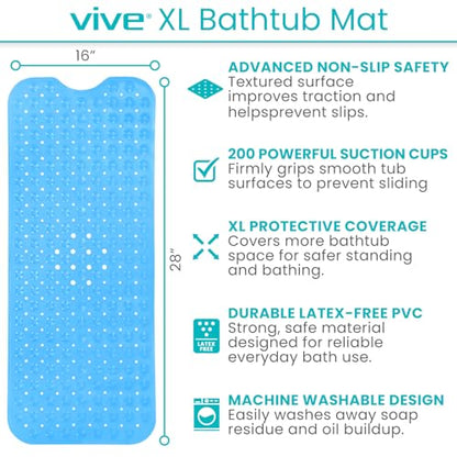 Vive Bathtub Mat for Bath & Shower Floors - Anti Non Slip Suction Rubber | Skid Pad for Tub, Bathroom, Elderly, Kids - Eco-Friendly, Resistant Strong, Textured Rectangle Grip - Machine Washable (Blue) - color: Blue