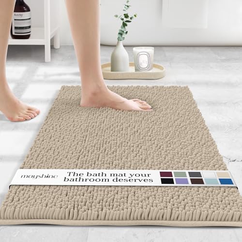 MAYSHINE Large Plush Shaggy Chenille Bath Mat 39"x24"| Extra Soft, Super Absorbent, Non-Slip Bathroom Rug | Fluffy Microfiber, Area Rug Sets for Bathroom Floor, Kitchen, Living Room | Beige - color: Beige, size: 39"x24" Rectangular