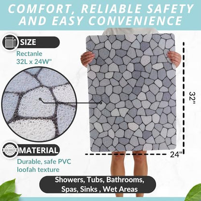 Enkosi Loofah Non-Slip Shower Mat - Shower Floors, Bathtub, Bathrooms, Wet Areas - Cushioned Bath Mat with Drain Holes - Quick Dry PVC, Secure Safety Pad Without Suction Cups (32x24 Pebble Blue) - color: Pebble Blue, size: 32" x 24" (Rectangular)