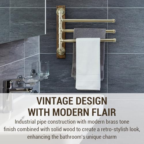 MyGift Swivel Towel Rack, Wood Towel Bar Holder with 3 Tier Industrial Metal Pipe, Wall Mount Towel Hanger Storage for Bathroom, Kitchen, Pool Outdoor (Brass) - color: Brass Tone