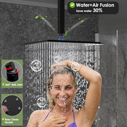 Enga Dual Shower Head Shower System with Body Jets, 12" Ceiling Mounted Rain Shower Head & 6" Wall Mounted Head Full Body Rainfall Shower Faucet with Valve Kit, Matte Black - color: Matte Black, style: Ceiling-12"+6"+Jets