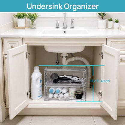 Vtopmart 2 Pack Large Clear Stackable Storage Drawers for Closet, Pantry | Easily Assemble Bathroom Undersink Organizers,Plastic Storage Bins for Cabinet,Kitchen Pantry Organization