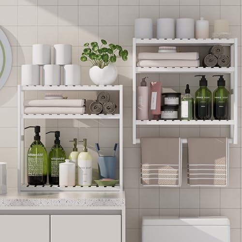 Towel Rack Bathroom Storage Shelves Over The Toilet with Towel Bar 100% Bamboo Adjustable Height Floating Shelf Wall Shower Shelf for Small Space Bathroom Kitchen Multi Usage White New 2Pack - color: Updated White 2pack