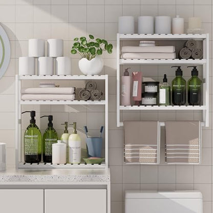 Towel Rack Bathroom Storage Shelves Over The Toilet with Towel Bar 100% Bamboo Adjustable Height Floating Shelf Wall Shower Shelf for Small Space Bathroom Kitchen Multi Usage White New 2Pack - color: Updated White 2pack
