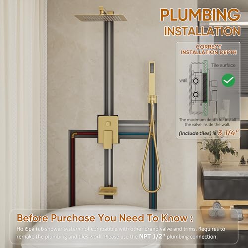 Gold Tub Shower System with 12" Rain Head, Handheld & Valve Kit | All-Metal Tub Shower Faucet Set, Wall Mounted Rain Showerhead, Handheld Spray, Includes Valve and Trim Kit, Brushed Gold - color: Brushed Gold 12