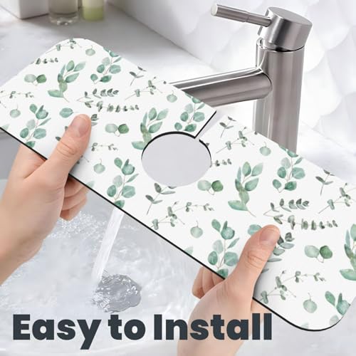 Watercolor Sage Green Grass Leaves Kitchen Sink Splash Guard Faucet Mat Super Absorbent Fast Drying Mat Sink Gadgets-Fast Drying Pad Sink Mat For Kitchen Bathroom (15" X 5.5" ) - color: Sage Leaves