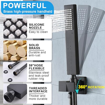 Rain Shower System,12 Inch Wall Mounted Rain Shower Head with Body Jets and Handheld Shower, Push Button Thermostatic Shower Faucet Set, Can Use all Options at a Time, Matte Black - color: Matte Black, style: 12inch+4 body jets