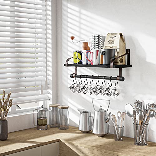 Love-KANKEI 17.3" Floating Wall Shelf Wood/Bracket,Coffee Bar,Black/Brown | Spice Rack,Towel Bar/8 Hooks,40 Lbs/shelf,Easy to Install,For Kitchen,Bathroom,Living Room,Bedroom,Office,Entryway Display - color: Black/Brown