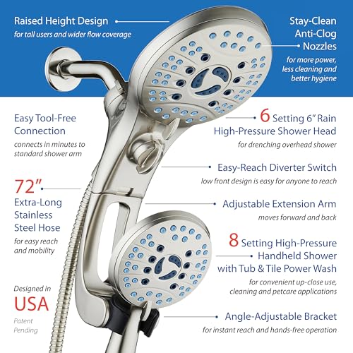 AquaCare 50-mode High Pressure Shower Head Combo with Arm & Dual Power Wash | Hygienic Jets, 2-mode Handheld Power Wash for Tub, Tile & Pets, Long 6 ft. Stainless Steel Hose, Extra Wall Bracket / Nickel - color: Satin Nickel, style: 1.8 Gallons Per Minute