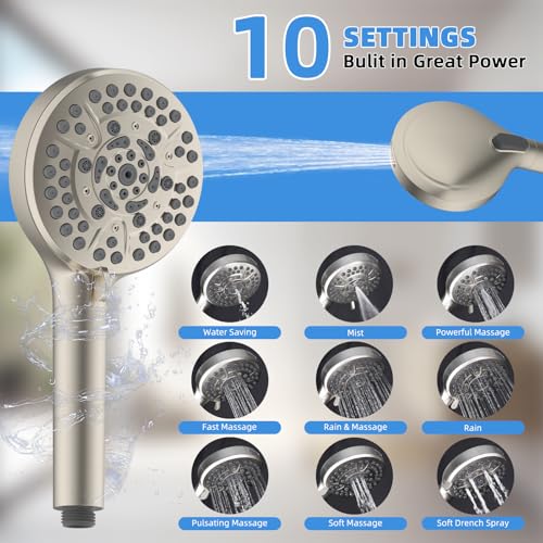 8" Metal Rainfall Shower Head with 10-Mode Handheld, Brushed Nickel | NSF/ANSI/CAN 372 Certified, High Pressure Showerhead Combo with 11" Adjustable Shower Arm, 71" Hose, Shower Head Holder - color: Brushed Nickel, style: Square 8"