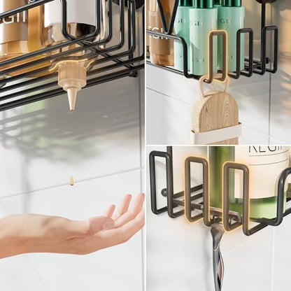 KEGII Suction Cup Shower Caddy with Hooks, No Drill Bathroom Organizer | Large Capacity Stainless Steel Shelf, Heavy Duty Hold for Shampoo and Body Wash on Smooth Surfaces, Black - color: Black
