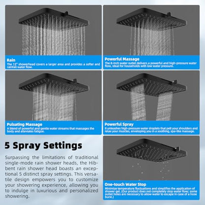 Hibbent 13'' 5-spray Rain Shower Head with 10-Spray Handheld, Matte Black | cUPC Certified High Pressure Dual Showerhead Combo, Upgraded Rainfall Shower Head, 12'' Extension Arm, 71'' Hose & Holder - color: Matte Black, style: Square 13''