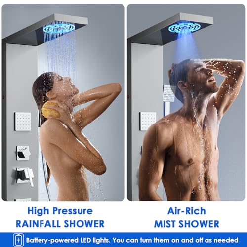 ROVOGO Shower Panel Tower System With Led Lights, 5 Shower Modes, Brushed | Rainfall Mist Shower Head, 3 Body Jets, Handheld and Tub Spout, Stainless Steel Shower Column With Mixing Valve, 46.5 Inch - style: Brusehd- With Led Lights