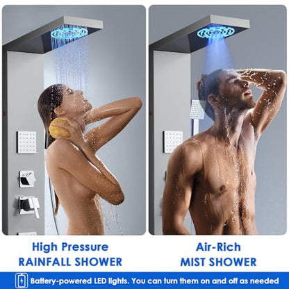 ROVOGO Shower Panel Tower System With Led Lights, 5 Shower Modes, Brushed | Rainfall Mist Shower Head, 3 Body Jets, Handheld and Tub Spout, Stainless Steel Shower Column With Mixing Valve, 46.5 Inch - style: Brusehd- With Led Lights
