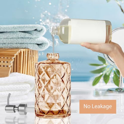 12Oz Amber Glass Soap Dispenser, Liquid Hand Bottle, Stainless Steel Pump | Refillable Clear Kitchen Soap Dispenser with Diamond Design, for Hand soap, Dish Soap, Lotion, Bathroom, Countertop, Hotel - color: Amber Diamond