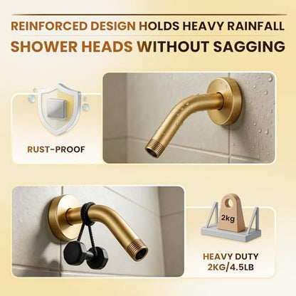 Brushed Gold Shower Arm 6" Shower Extension Arm with Flange and Teflon Tape, Solid Brass Construction 1/2″ NPT, Close to Wall Shower Replacement for for Shower Head & Handheld Shower Head - color: Brushed Gold