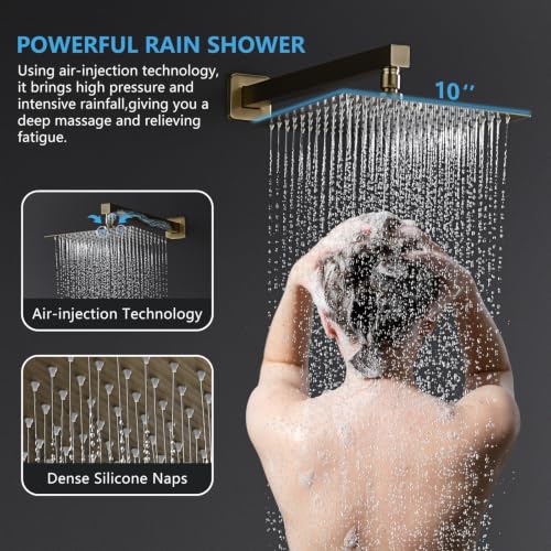 Rainfall Showerhead and Handle Set, 10" Bathroom Shower System, 3 Functions Wall Mounted Shower Faucet Complete Combo Solid Brass with Foldable Tub Spout Modern Bathtub Faucet Shower Trim Kit - color: Brushed Gold