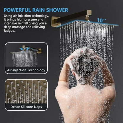 Rainfall Showerhead and Handle Set, 10" Bathroom Shower System, 3 Functions Wall Mounted Shower Faucet Complete Combo Solid Brass with Foldable Tub Spout Modern Bathtub Faucet Shower Trim Kit - color: Brushed Gold